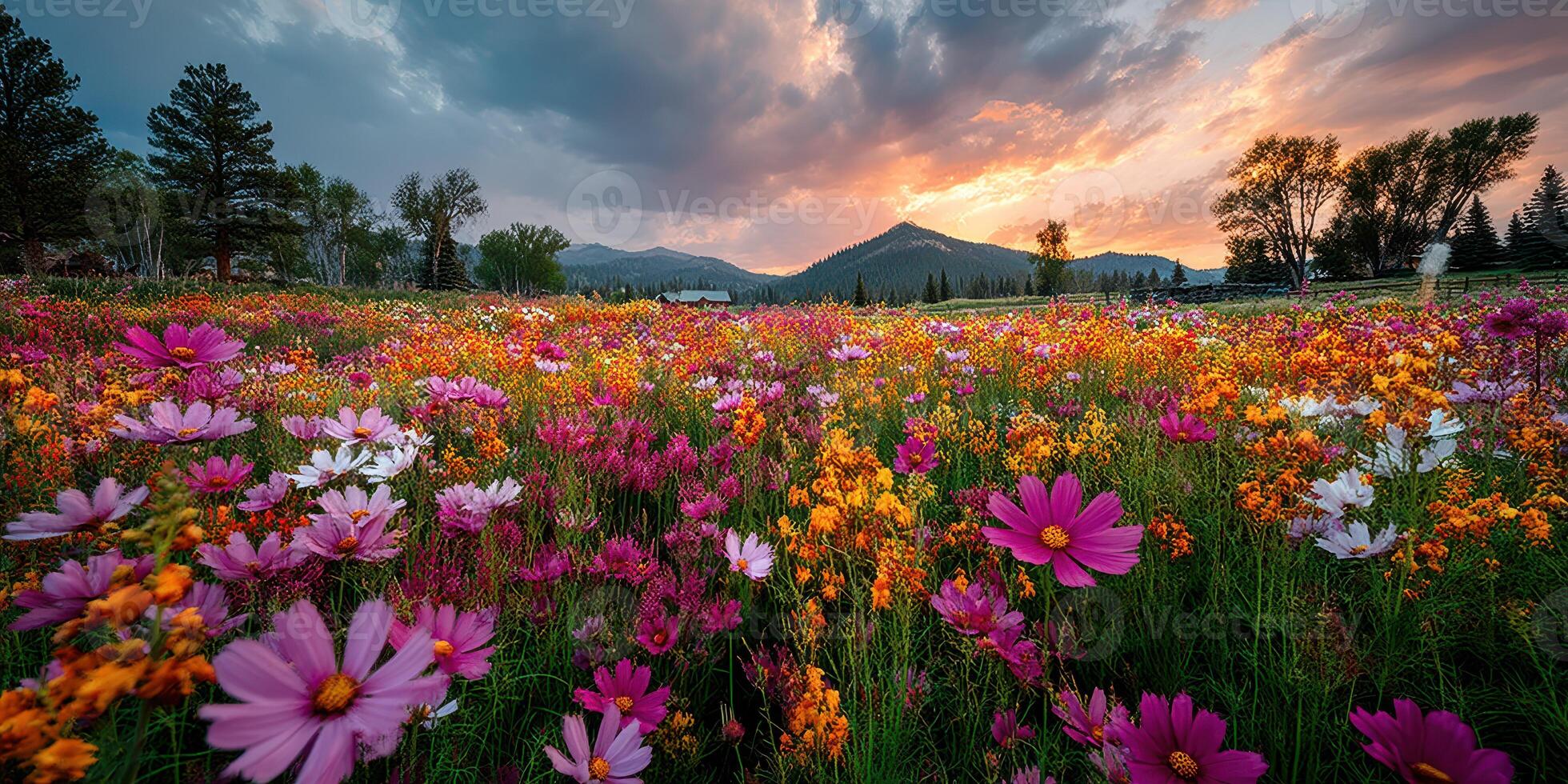 Vibrant wildflower field at sunset with mountains in the background photo