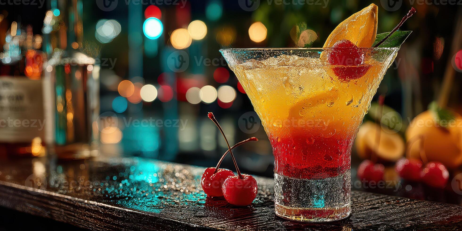 Colorful cocktail garnished with cherry and citrus slice under city lights during a vibrant evening photo