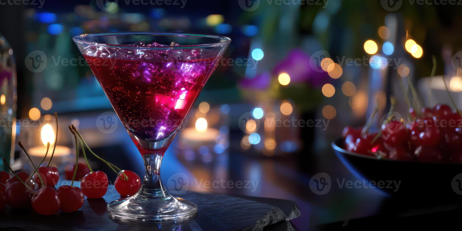 Colorful cocktail garnished with cherries set against a vibrant nightlife backdrop photo