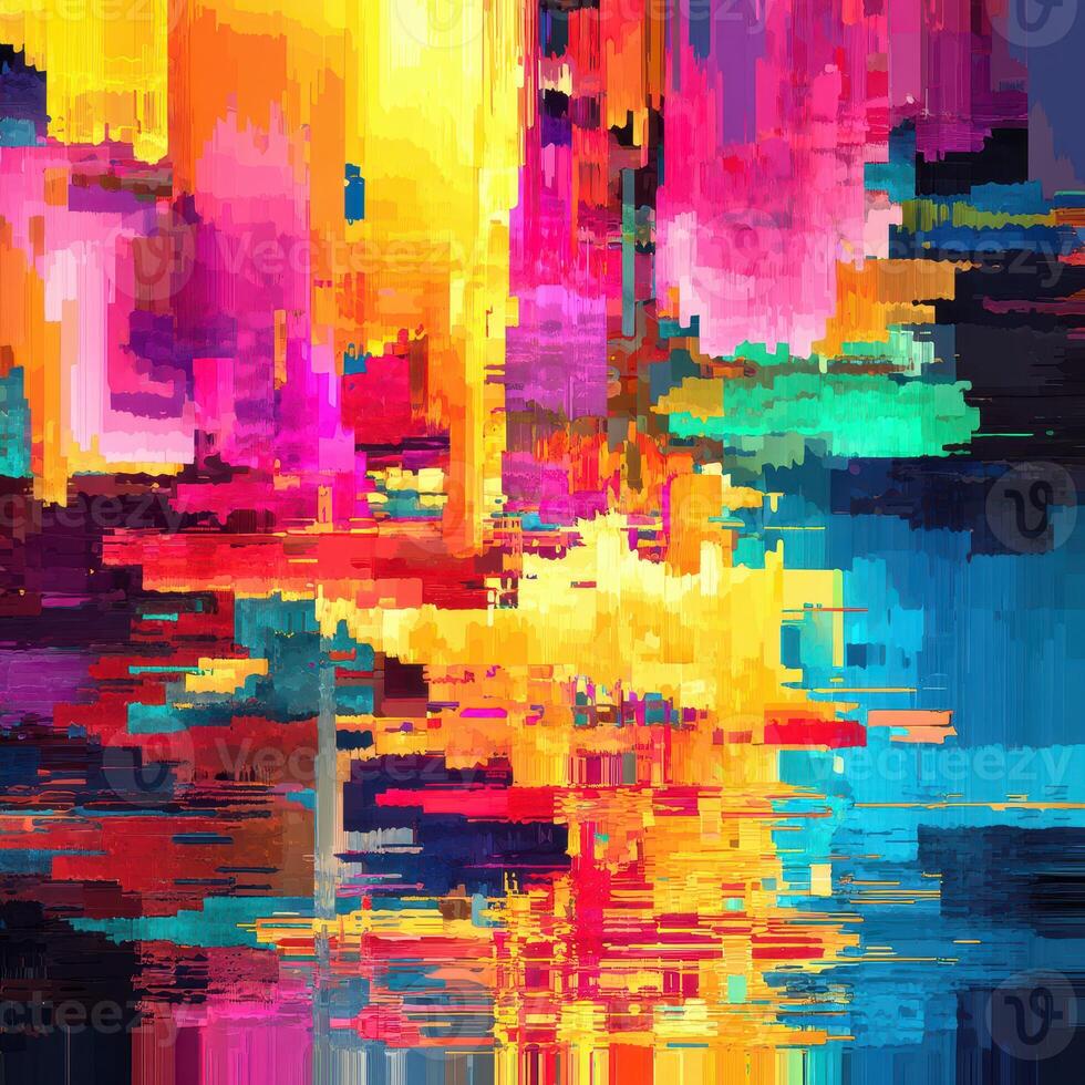 Vibrant abstract art representing a colorful landscape with reflections in a pool of water during the day photo