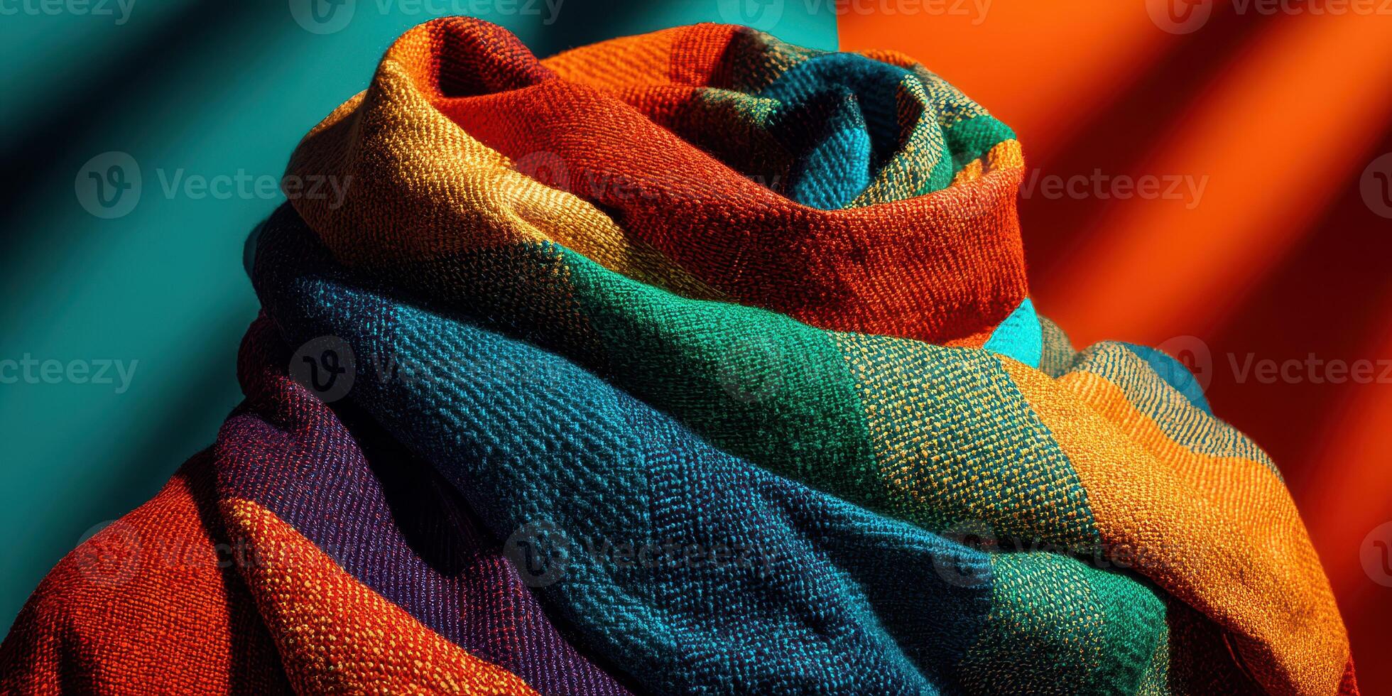 Brightly colored woven scarf displayed against bold background colors in a creative textile setting photo