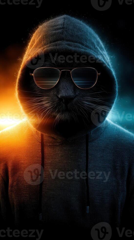 Cool cat figure wearing a hoodie and sunglasses in a dramatic light setting during evening hours photo