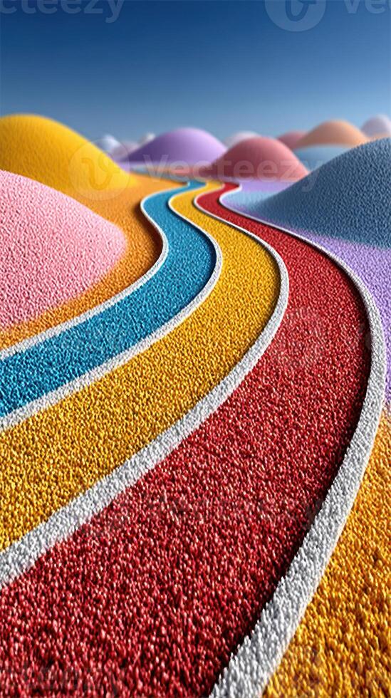 Colorful sand patterns create a vibrant landscape with rolling hills under a clear blue sky photo