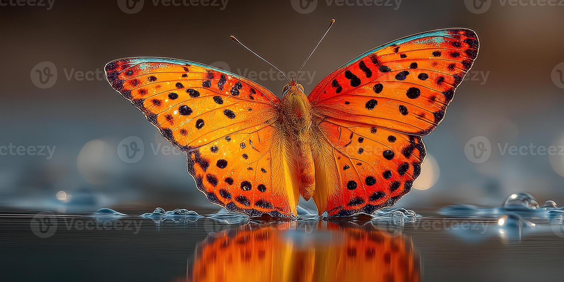 Colorful butterfly perched on water droplets in a serene natural setting during golden hour photo