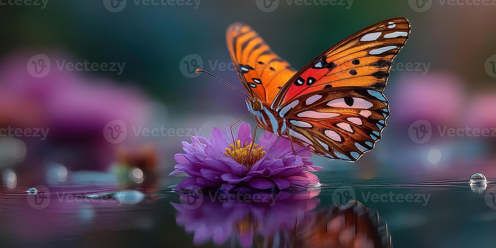 Butterfly perched delicately on purple flower amidst serene water droplets in a tranquil garden setting at dawn photo