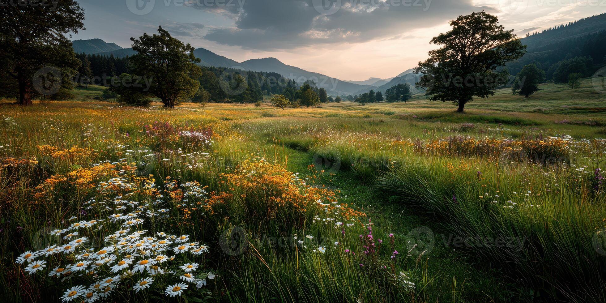 Serene landscape with wildflowers and rolling hills at sunset in a peaceful valley photo
