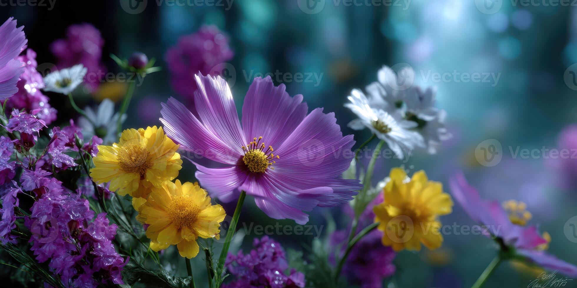 Vibrant wildflowers blooming in a lush garden during the early morning hours with soft sunlight filtering through trees photo