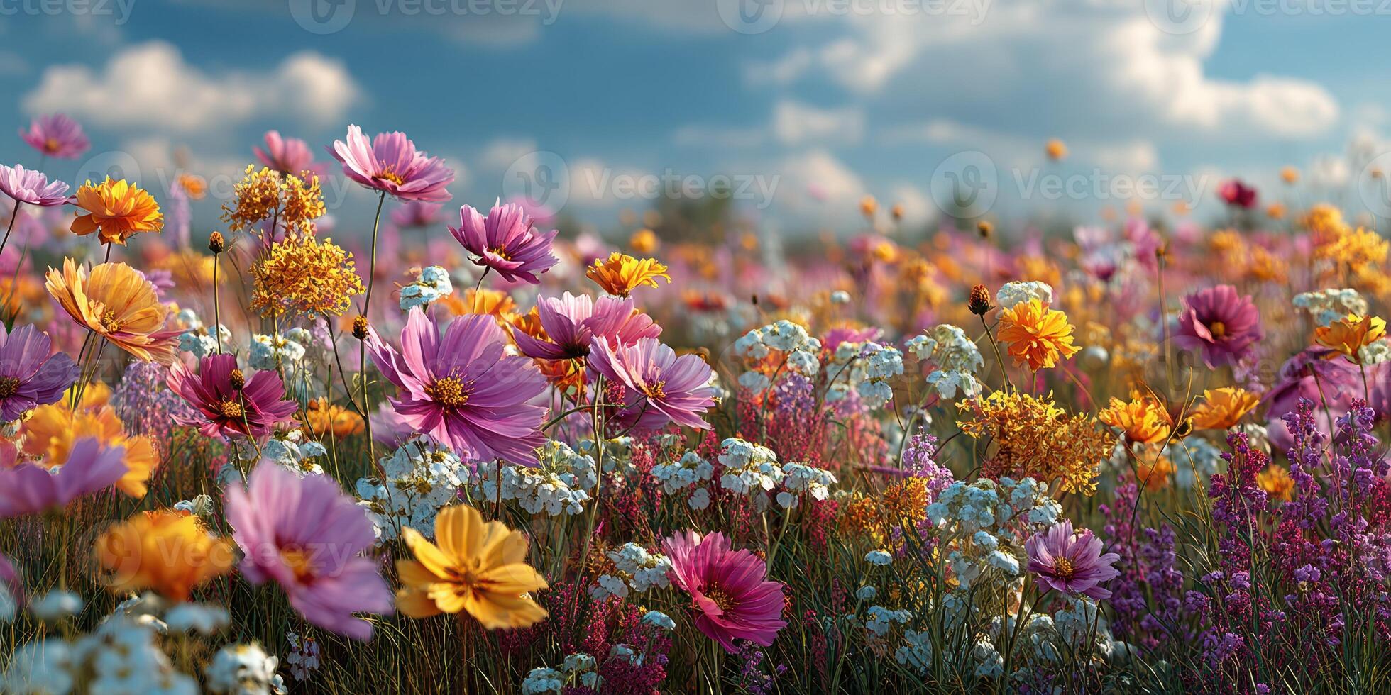 Vibrant wildflower field under a blue sky with billowing clouds in early spring photo