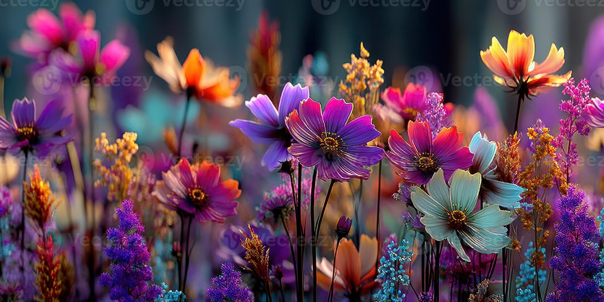 Vibrant spring flowers blooming in a colorful array in a lush garden during sunset photo