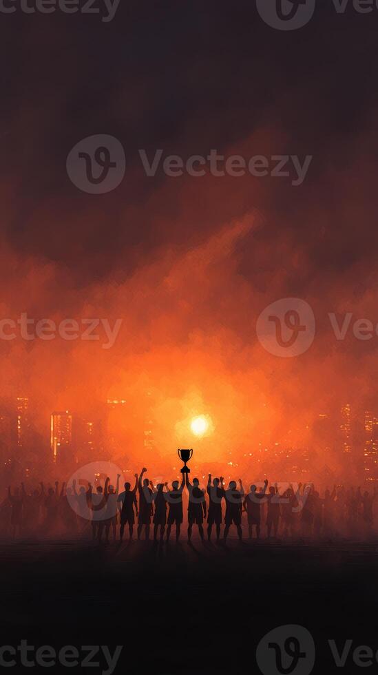 Crowd celebrates victory at sunset with trophy raised amidst smoky atmosphere photo