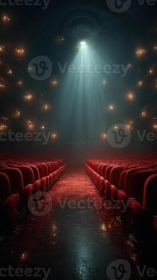 Dark theater illuminated by a single spotlight creating an inviting yet mysterious atmosphere during a quiet moment before a show starts photo