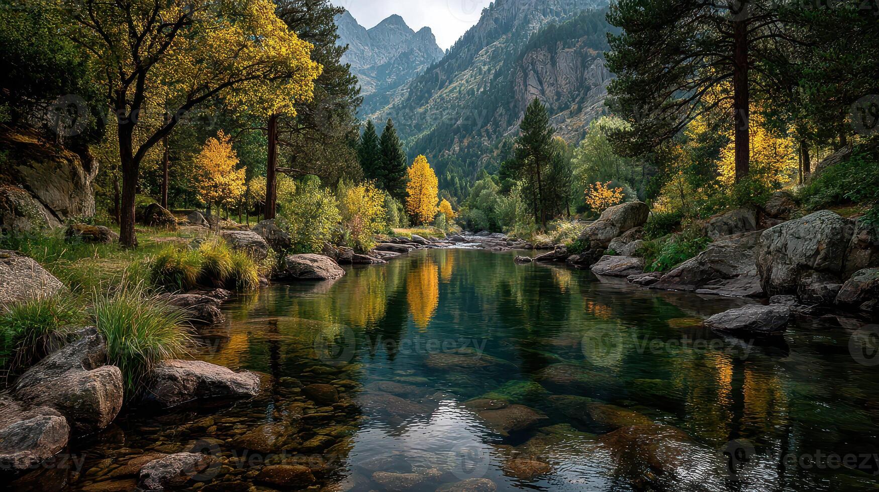 Autumn reflections in a tranquil mountain stream surrounded by vibrant foliage in a serene valley photo