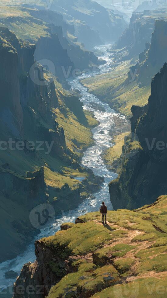 Majestic canyon landscape with solitary figure overlooking winding river during golden hour in serene wilderness photo