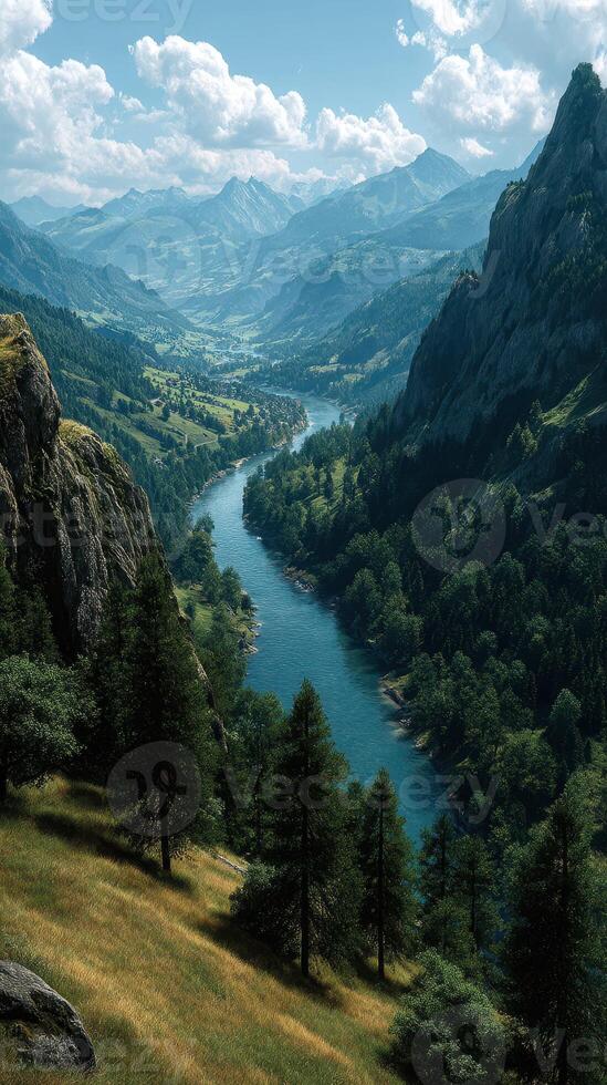Breathtaking valley landscape with a winding river and majestic mountains under a vibrant blue sky photo