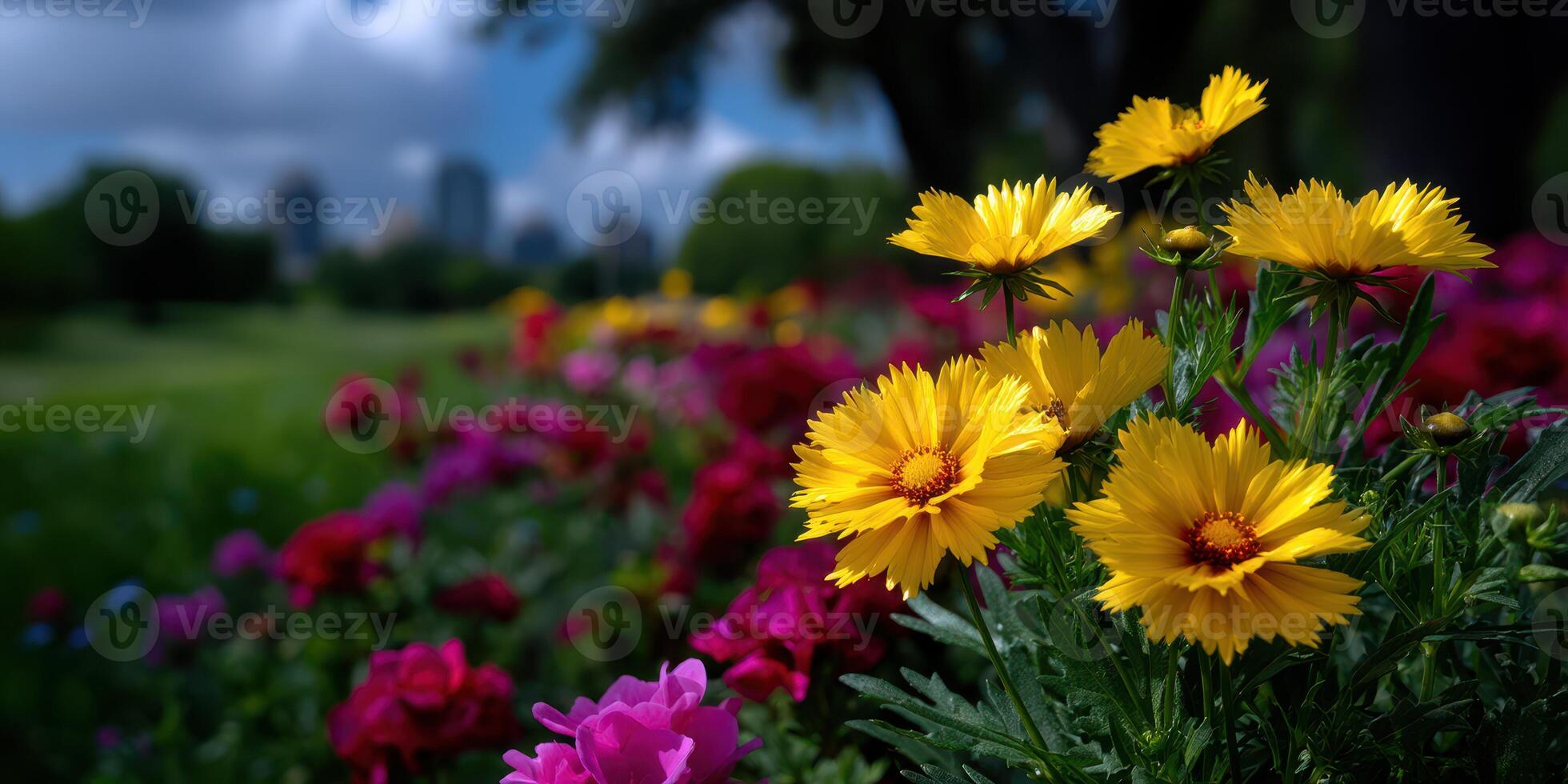 Colorful flowers bloom in a garden with a city skyline in the background on a sunny day photo
