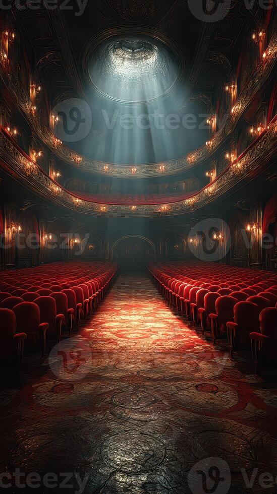 Glistening light fills an empty theater showcasing elegant architecture and red seating during a quiet afternoon photo