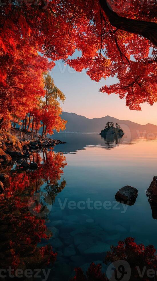 Vibrant autumn landscape by a tranquil lake at sunset with colorful foliage and reflections photo
