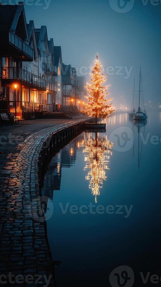 Twinkling Christmas lights reflect in the calm waters of a foggy harbor village at dusk photo