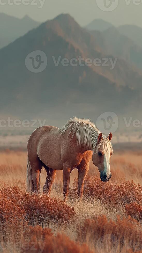 Beautiful horse grazing in golden grassland against majestic mountain backdrop during serene sunset photo