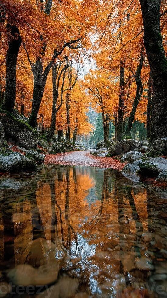Autumn foliage reflects in a tranquil stream surrounded by tall trees in a serene forest landscape photo