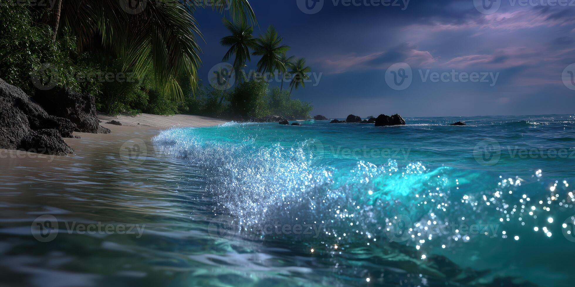 Vibrant waves gently crashing on a tropical beach at dusk with palm trees and a colorful sky photo