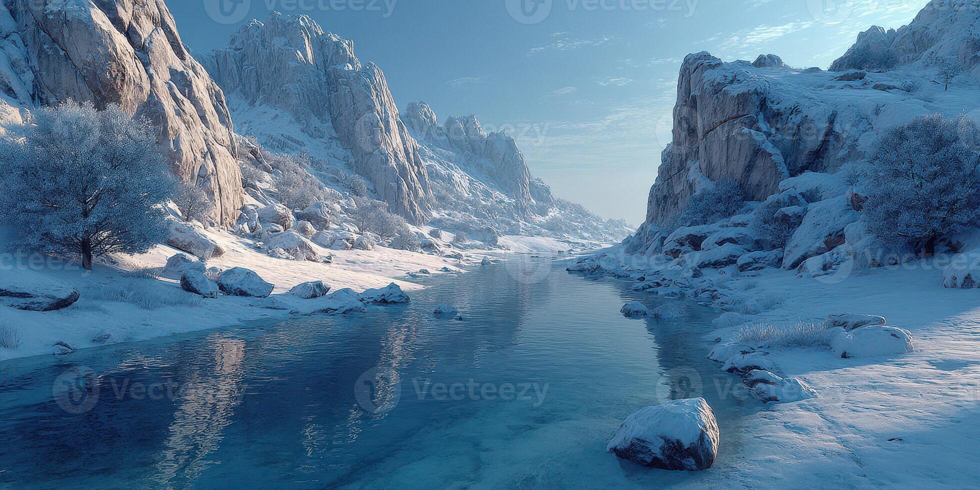 Winter landscape with mountains and a tranquil river reflecting the sky and snow-covered terrain in a serene natural setting photo