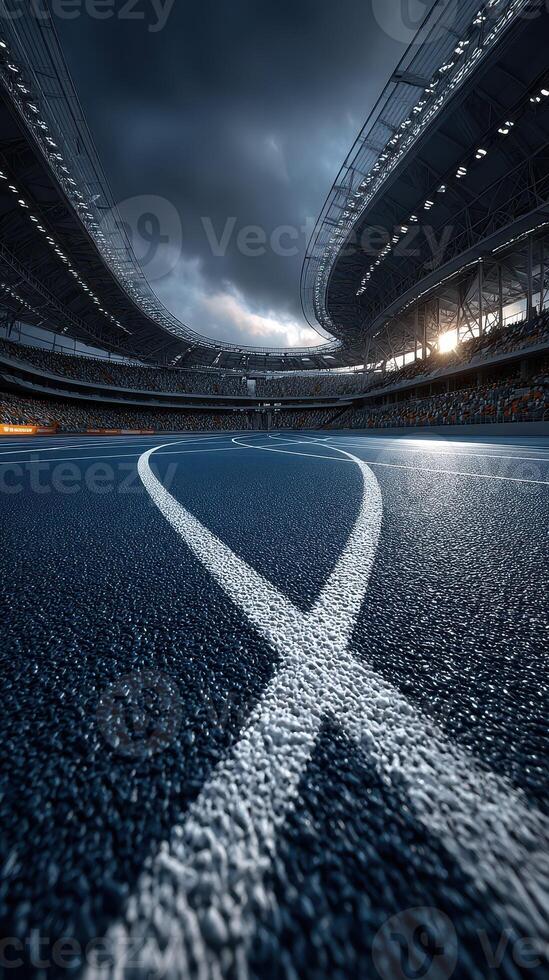 Track view of a modern stadium at twilight with dramatic cloud formation and bright sporting lights photo