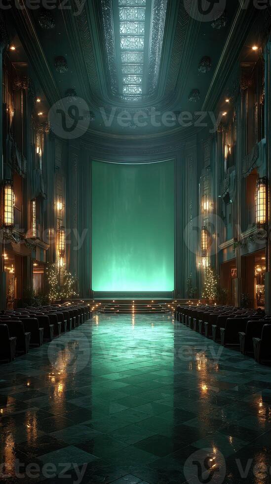 Elegant vintage theater interior with green backdrop and ornate design during evening hours photo