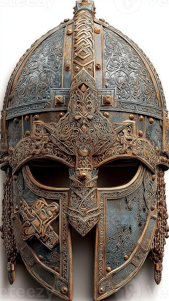 Intricate design of a medieval warrior helmet showcasing detailed craftsmanship and historical significance photo