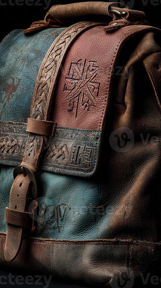 Detailed leather bag with intricate designs displayed on a dark background highlights craftsmanship and style photo