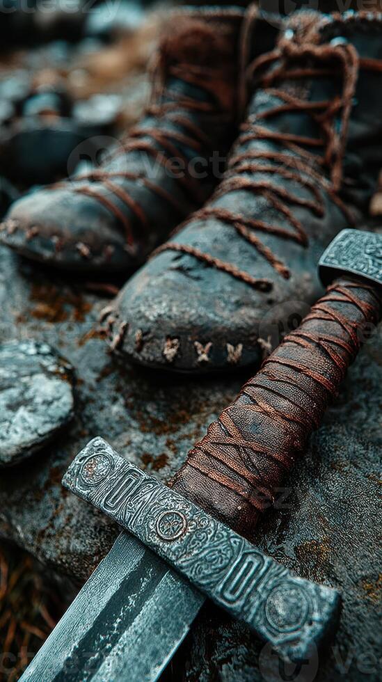 Historic boots and sword displayed on a stone background highlighting ancient craftsmanship and warrior culture photo