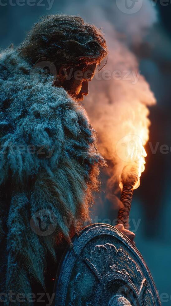Warrior holding a flaming torch in a snowy landscape during a twilight battle preparation photo