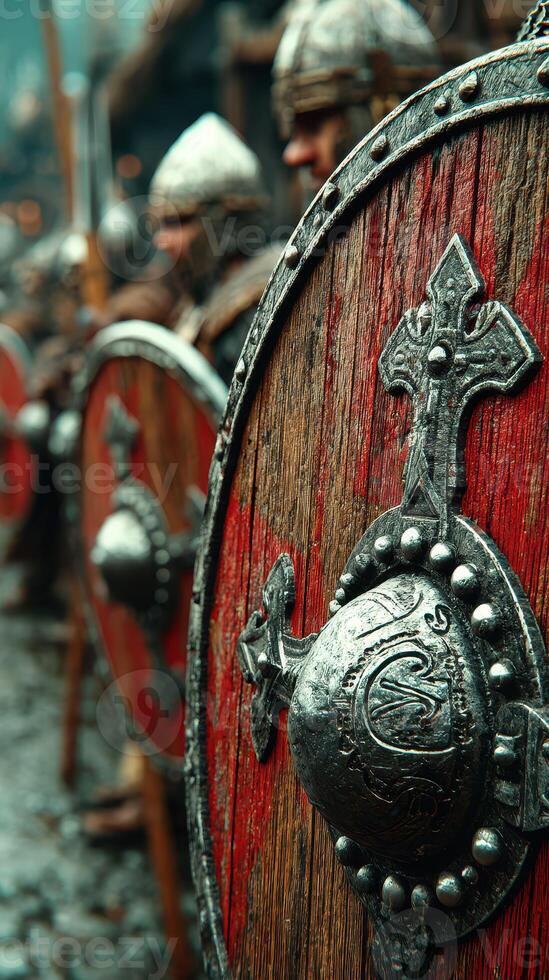 Medieval warriors prepare for battle with shields in a historic reenactment setting photo