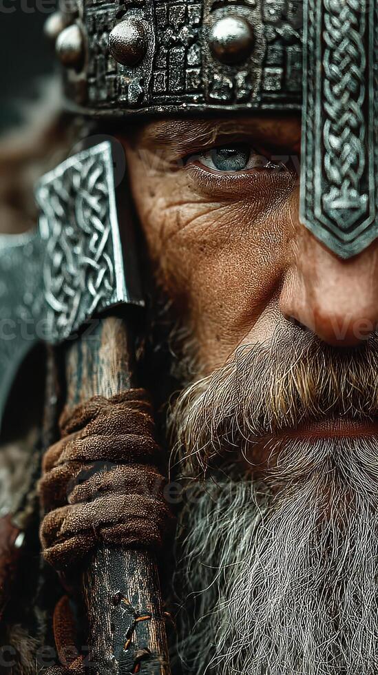 Portrait of a warrior holding an axe, captured in a historical reenactment event in autumn photo