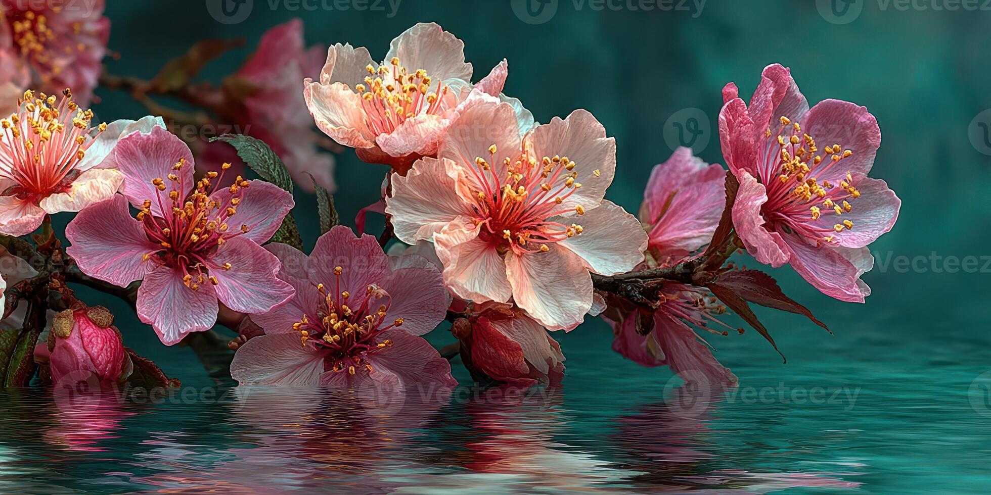 Cherry blossoms reflect on tranquil water surface during springtime in a serene garden photo