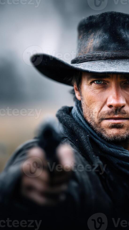 Intense standoff in a misty landscape with a cowboy drawing his weapon at dusk photo
