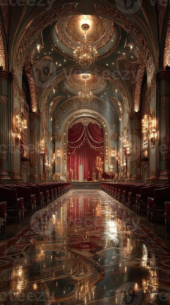 Elegant ballroom decorated with chandeliers and luxurious red curtains in a historical setting photo