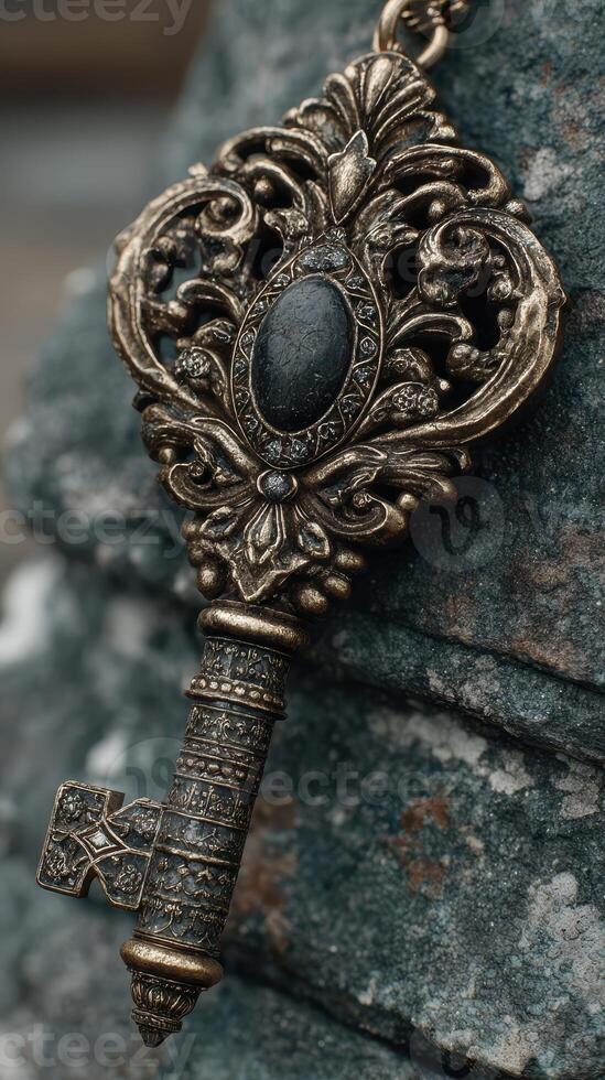 Intricate antique key resting on textured stone background, evoking history and mystery, perfect for collectors and enthusiasts of vintage artifacts photo