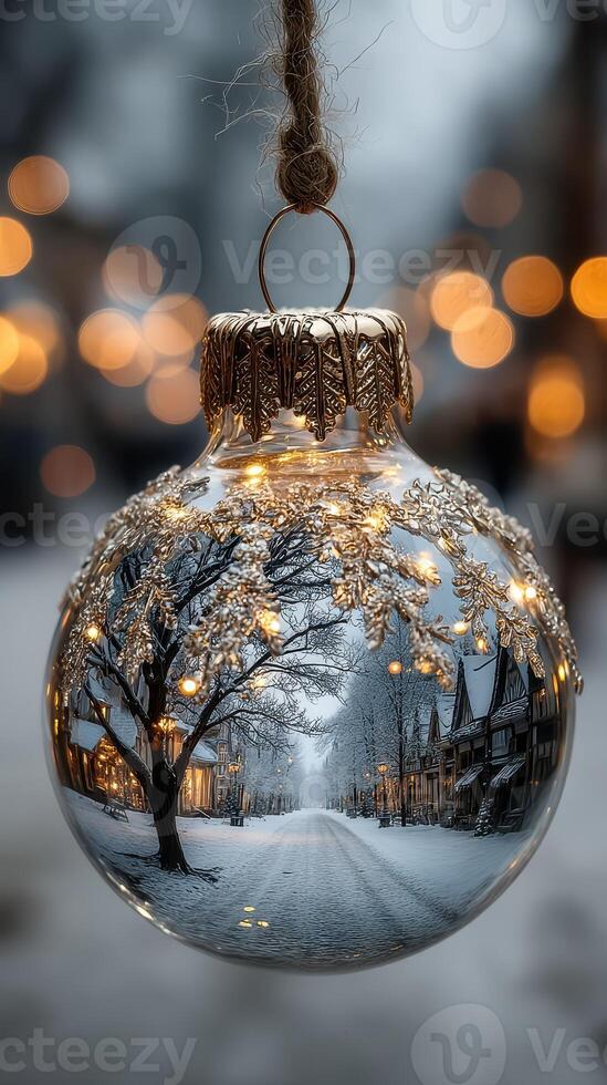 Winter holiday ornament reflects snowy street with twinkling lights in a charming village setting photo