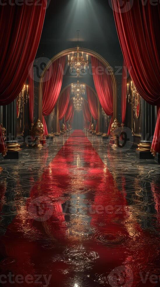 Elegant red carpet corridor with chandeliers and lavish drapery in a grand setting photo