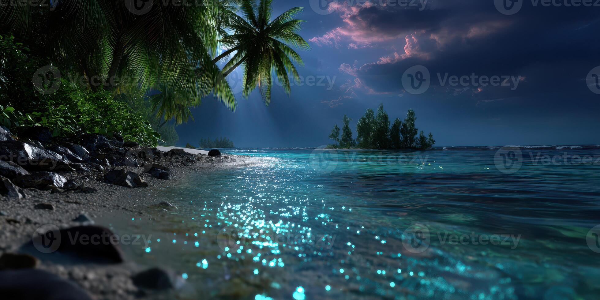 Serene tropical beach at twilight with calm waters and distant island under a starry sky photo