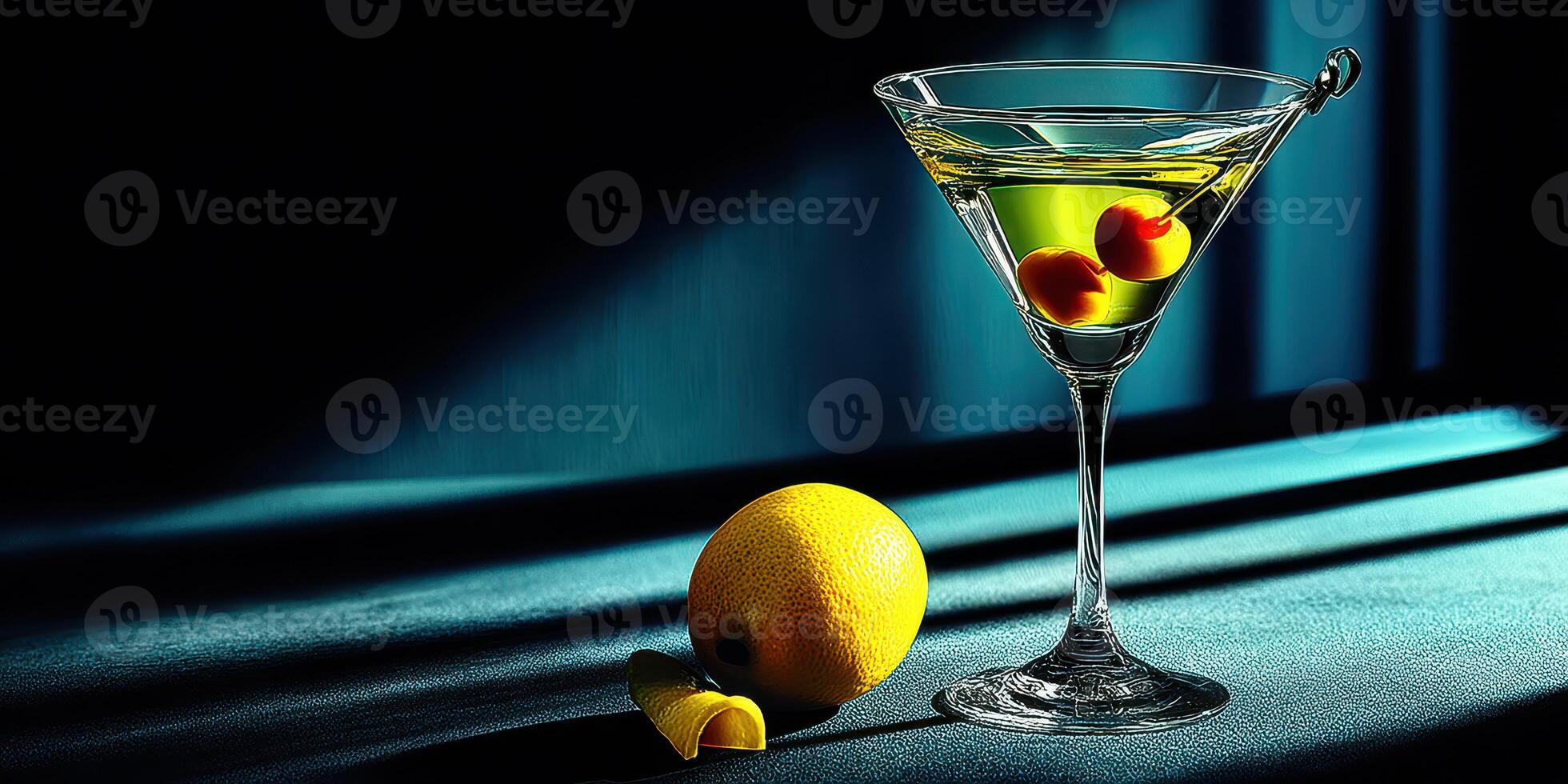 Elegant cocktail garnished with cherries and lemon resting on a dark blue tablecloth during a moonlit evening photo