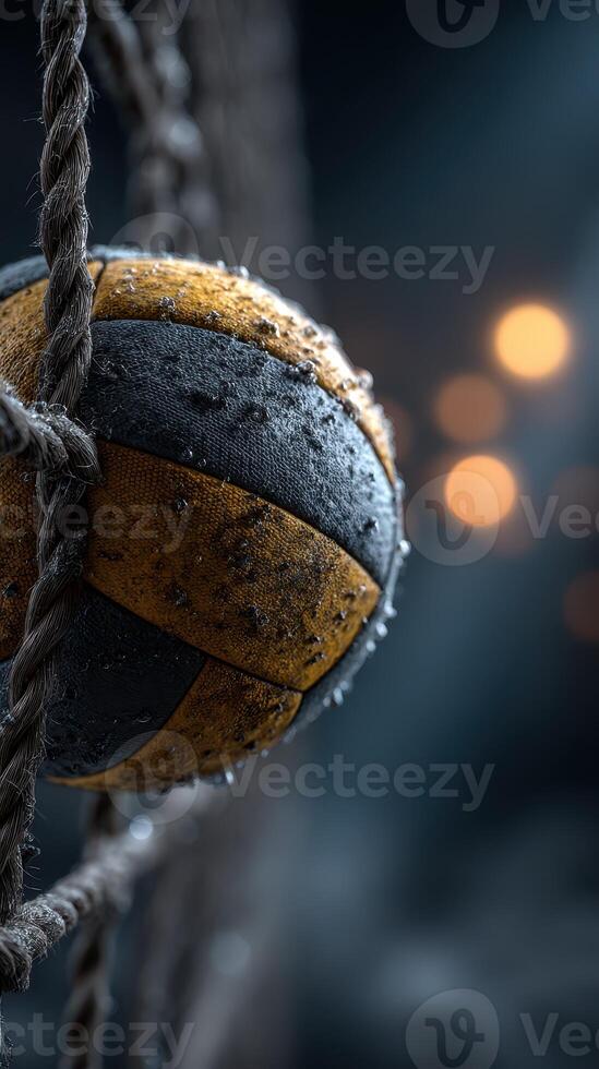 Weathered volleyball hanging from a rope with a blurred background of soft glowing lights in a dramatic setting photo