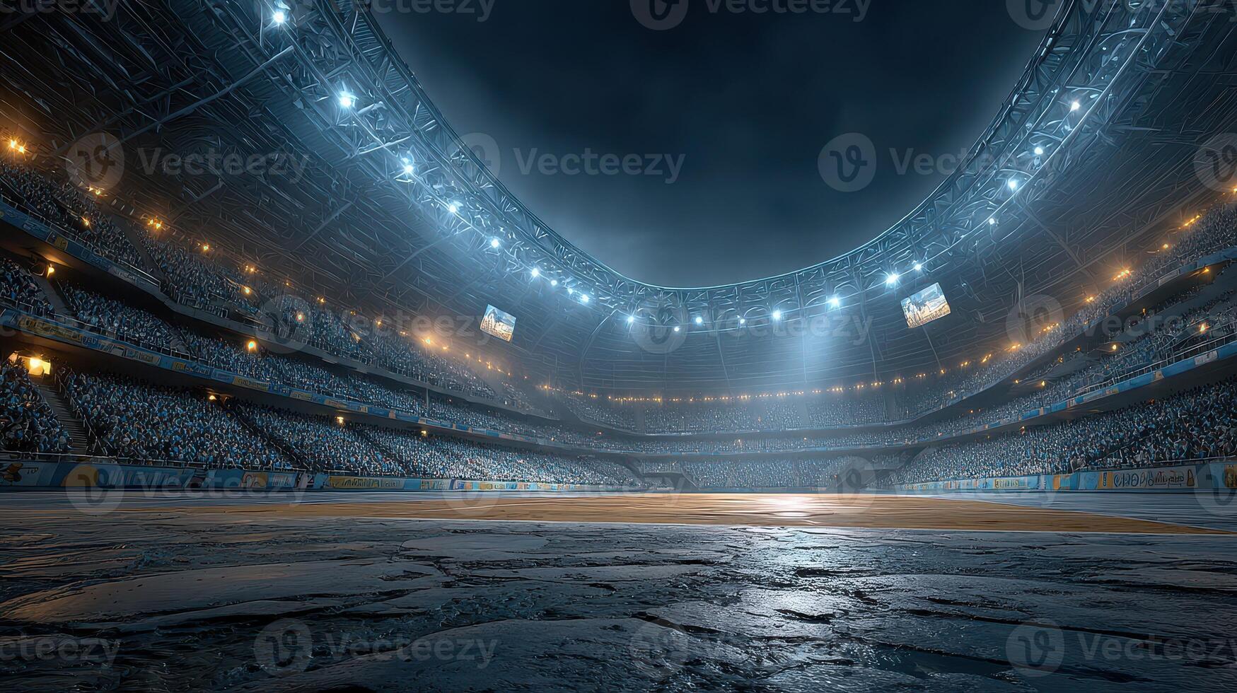 Stadium filled with fans waits for a thrilling event under bright lights in an evening setting photo