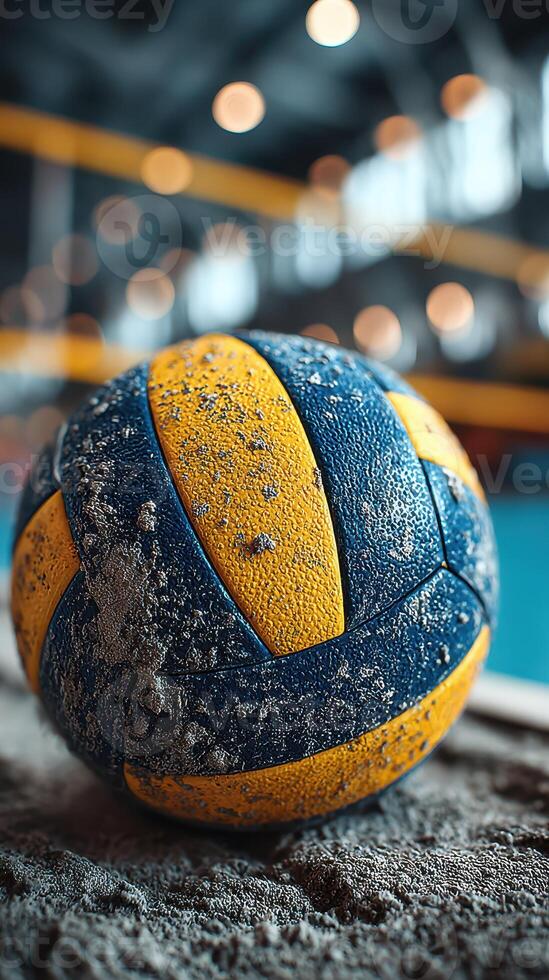Old volleyball resting on sandy surface in a gym setting with blurred background lights captured at an indoor sports facility photo