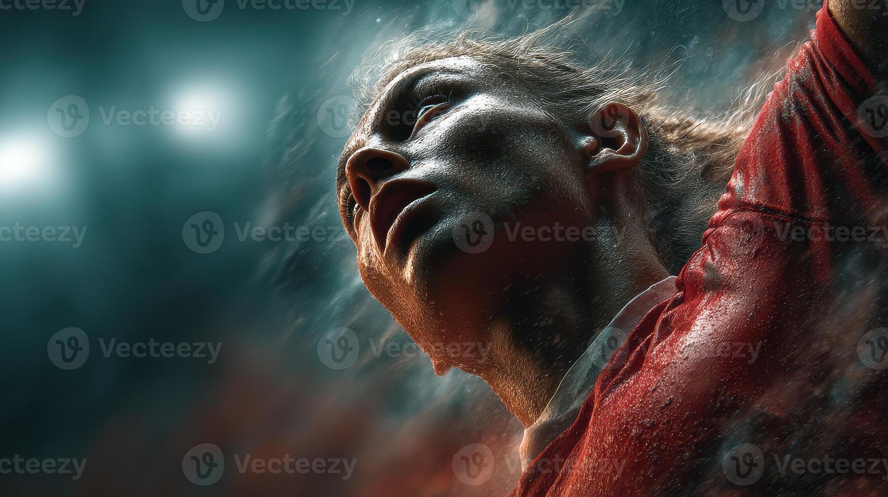 Intense soccer player focused on the game during a competitive match in a stadium setting photo