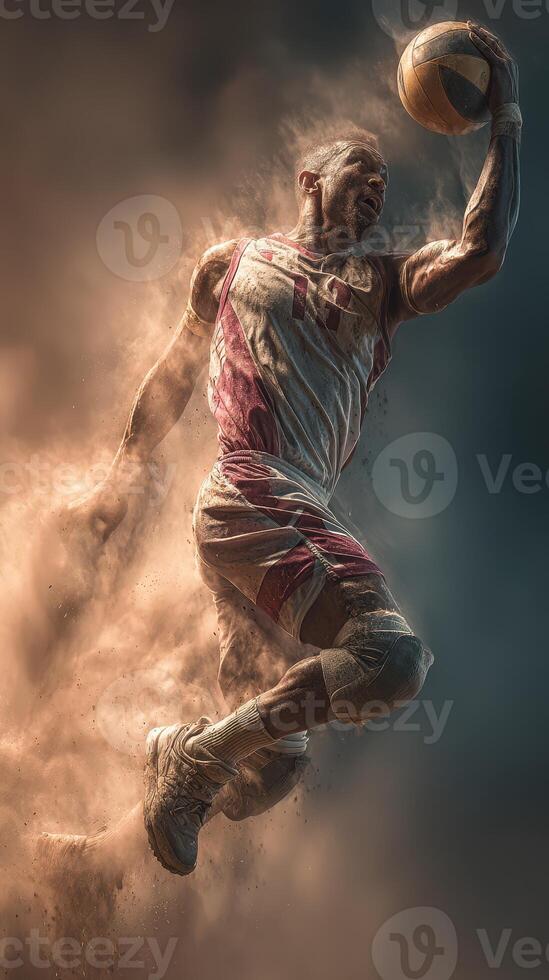 Dynamic basketball player performing a slam dunk in mid-air against a dramatic dust backdrop photo