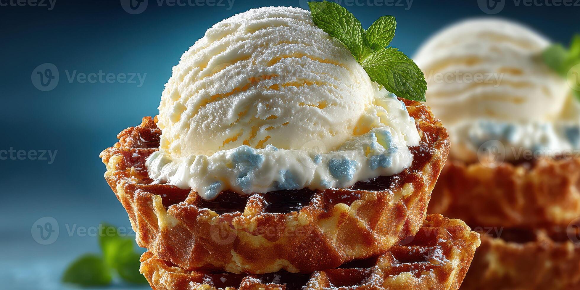 Delicious dessert featuring a crispy waffle topped with creamy vanilla ice cream and fresh mint leaves in bright lighting photo