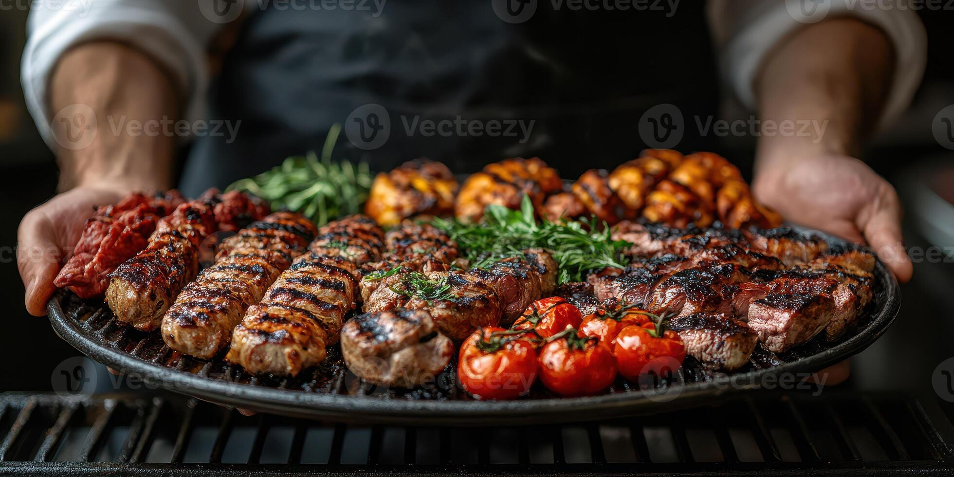 Delicious barbecue platter with grilled meats and vegetables prepared in outdoor setting during summer evening cookout photo