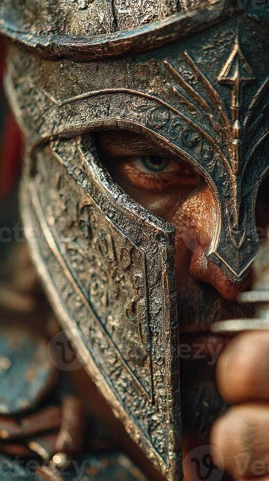 Warrior prepares for battle at dawn, showcasing intricate helmet details and intense focus photo